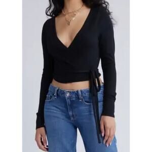 Brandy Melville Black Long Sleeve V-Neck Wrap Crop Top Women’s Size Small